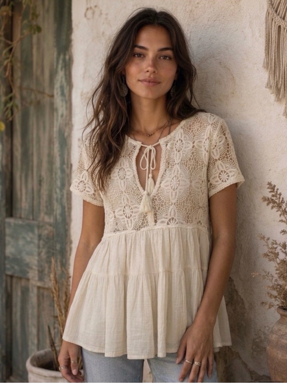 Altar'd State Cream Crochet Lace babydoll Blouse with Tassel Tie Front Vintage